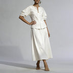Office Two Piece Sets V neck Heart Shaped Buckle Waist Controlled Top Solid Color Mid Length Skirt Two Piece Sets