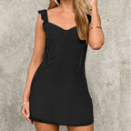 Black ruffled mini dress with square neckline and bow-tie shoulder straps