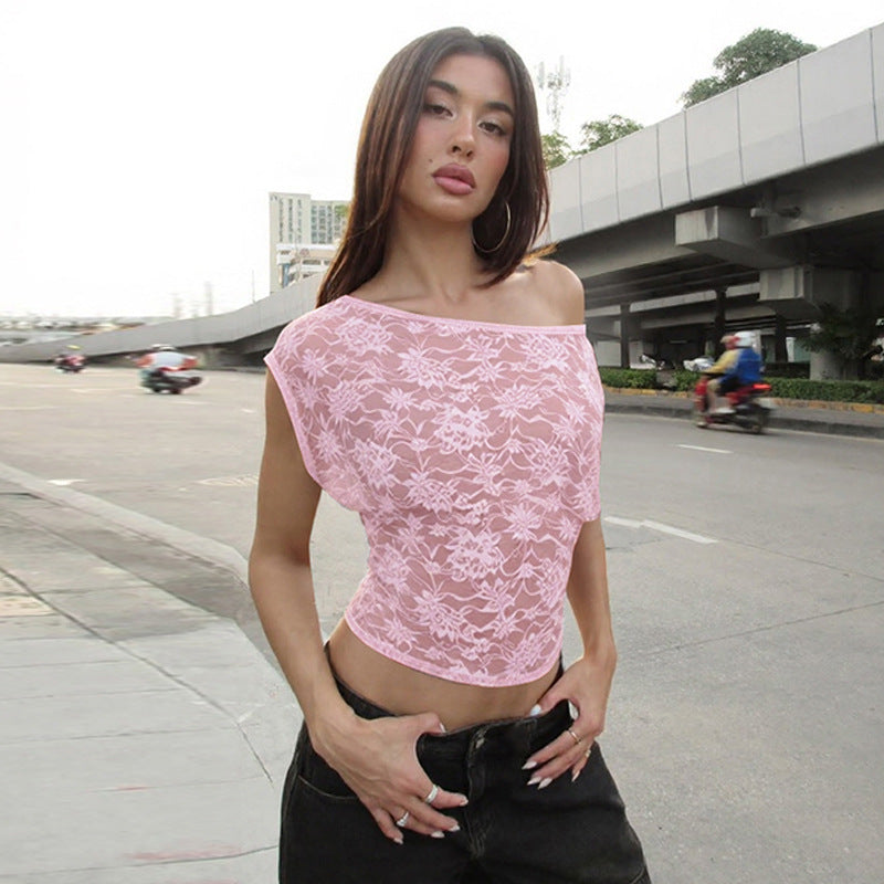 Women's Sheer Lace Diagonal Collar Long Sleeve Top