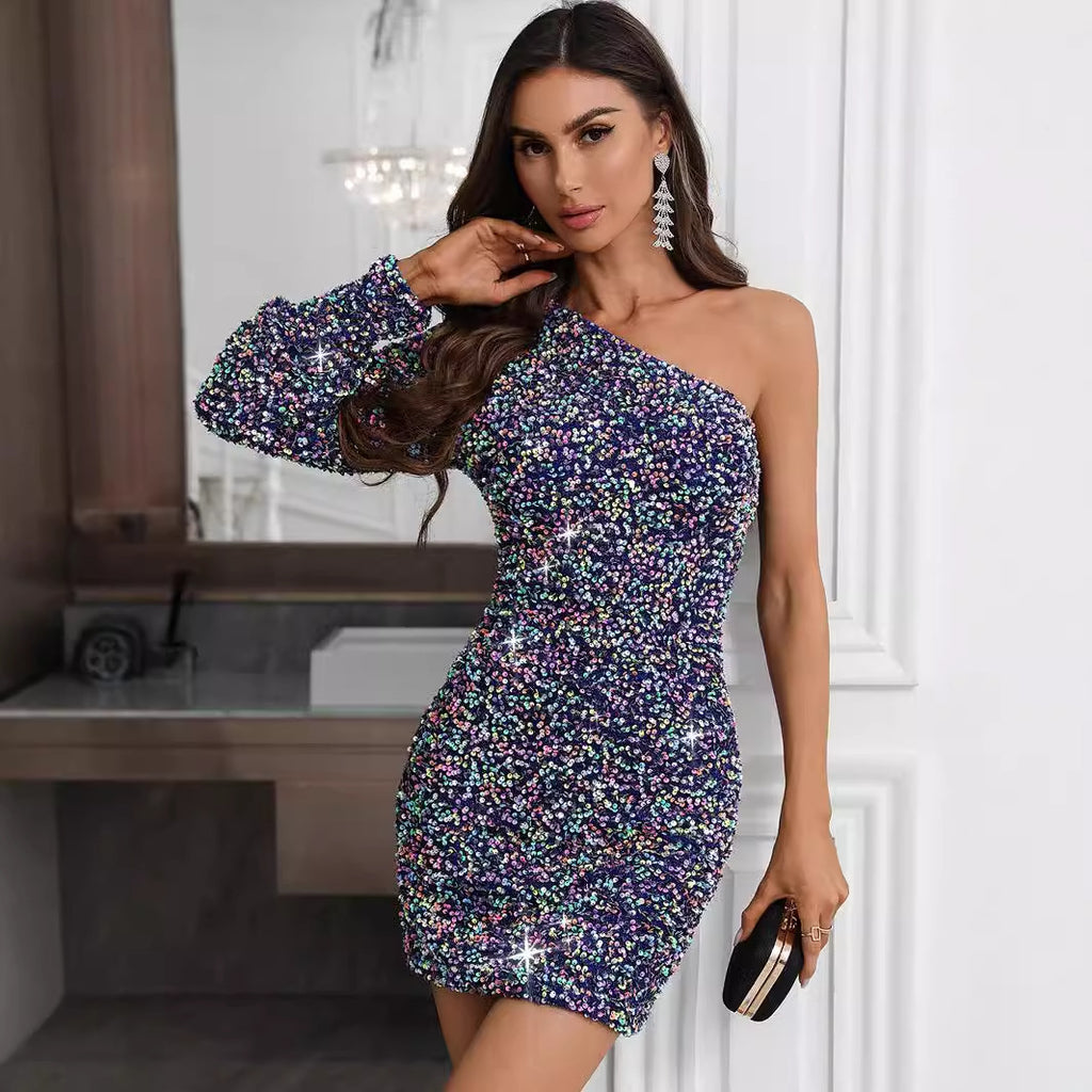 Women's One Shoulder Long Sleeve Sequ Dress Party Dress