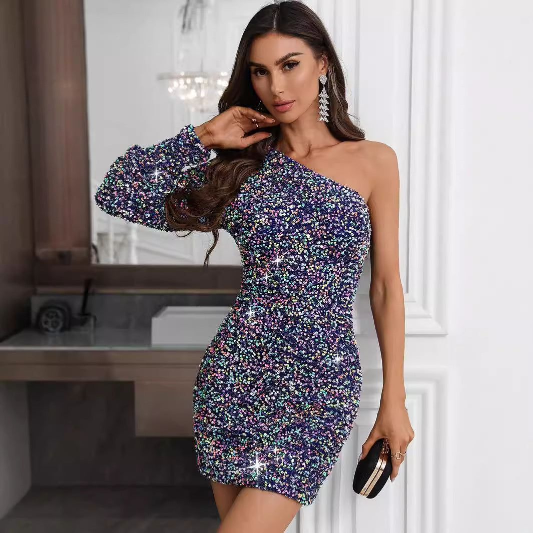 Women's One Shoulder Long Sleeve Sequ Dress Party Dress