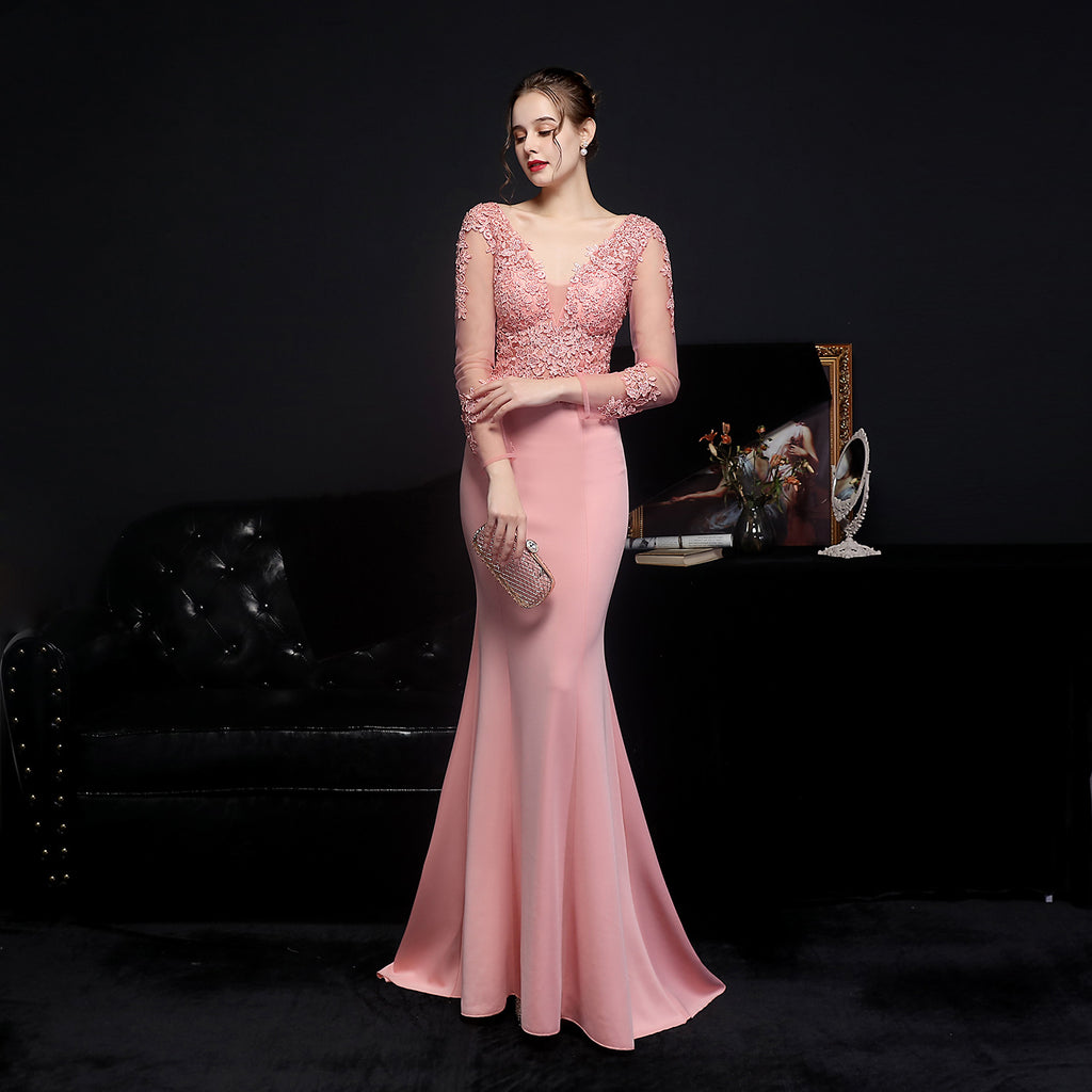 Women's Full Lace Diamond Bridal Long Sleeve Dinner Fishtail Evening Dress