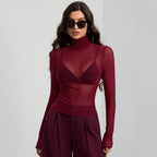 High Neck Sheer Mesh Fitted Office Top