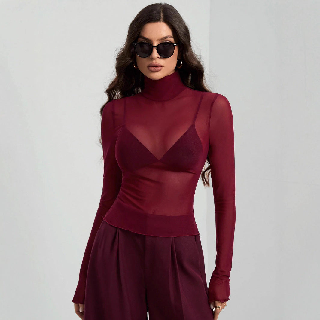 High Neck Sheer Mesh Fitted Office Top
