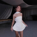 Autumn French Wind Ribbon Strapless Solid Color Dress For