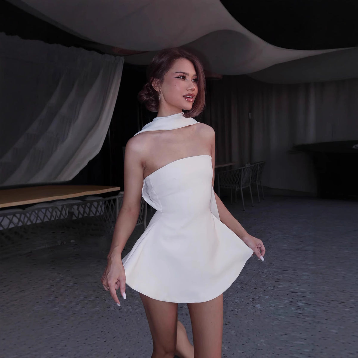 Autumn French Wind Ribbon Strapless Solid Color Dress For