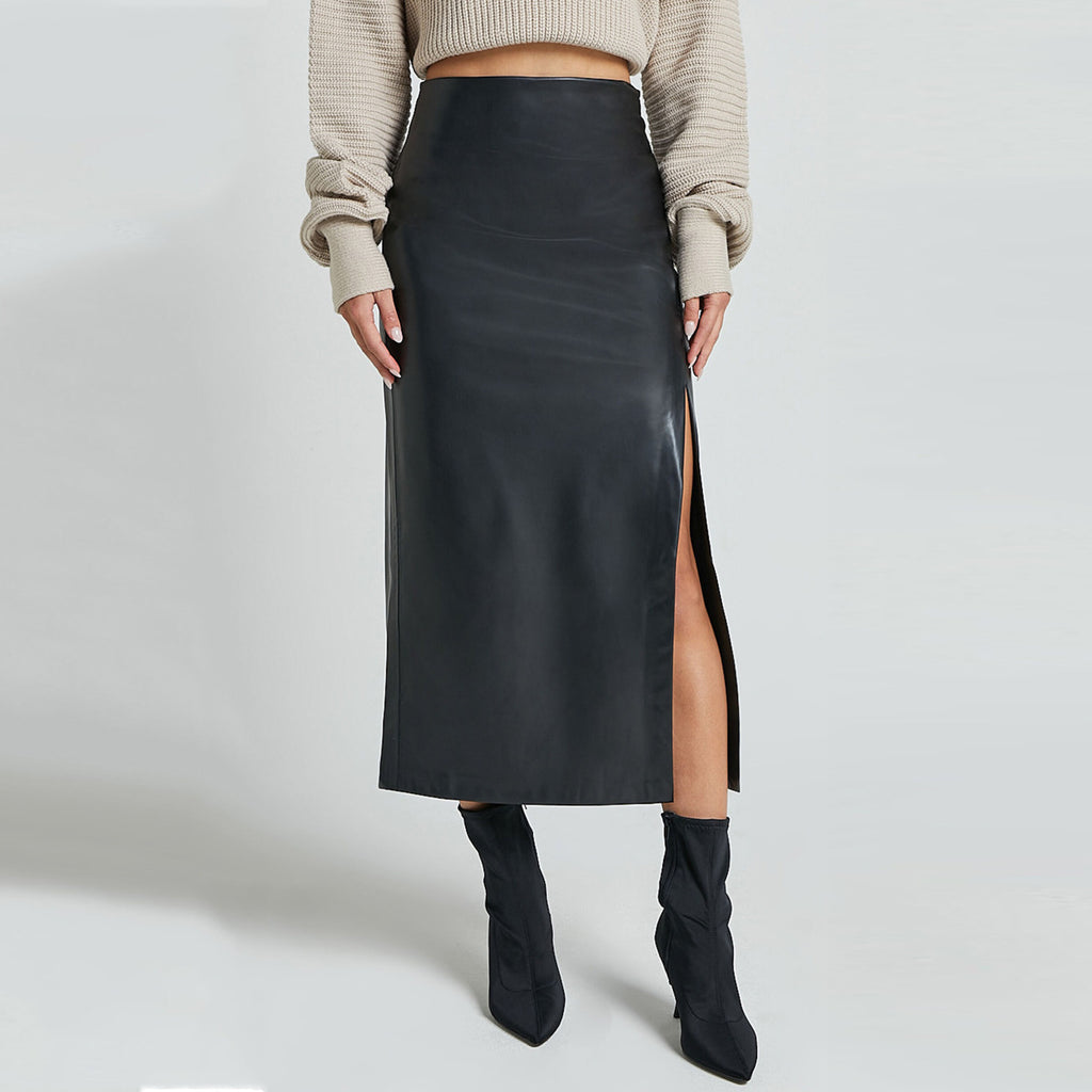 Faux Leather Split High Waist Zipper Slim Skirt