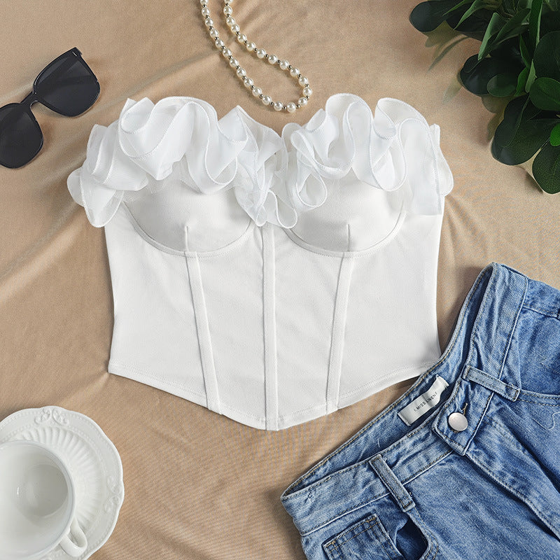 's Sweet White Petal Edges Bandeau French Vintage Ruffled Slim