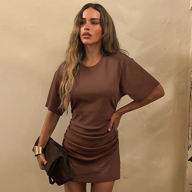 Round-Neck Pleated Sheath Dress