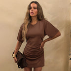 Round-Neck Pleated Sheath Dress