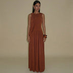 Women's Spring Personality Slim Fit Pleated round Neck Sleeveless Dress