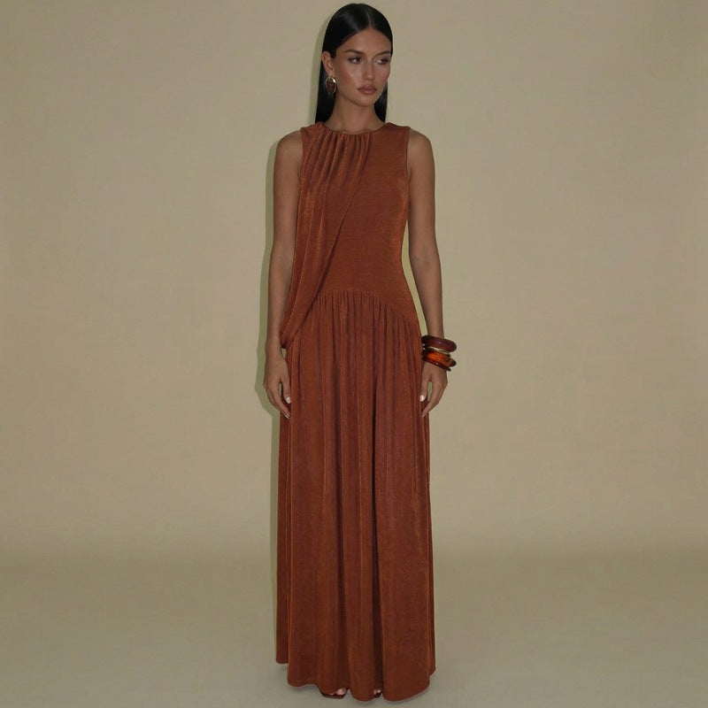 Women's Spring Personality Slim Fit Pleated round Neck Sleeveless Dress
