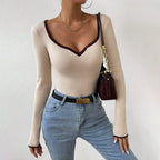 Women's Ribbed V-Neck Long Sleeve Sweater Top