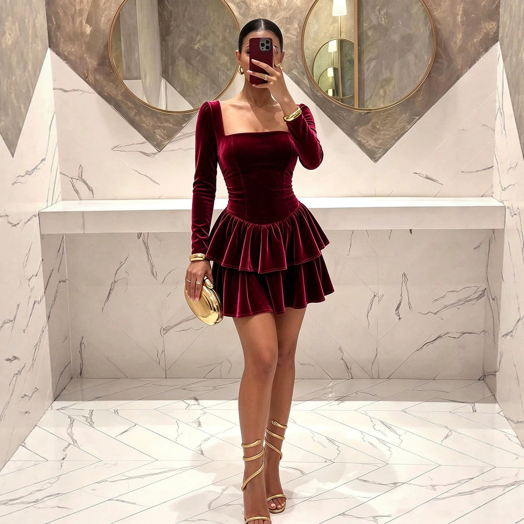Women's Velvet Ruffle A-Line Dress