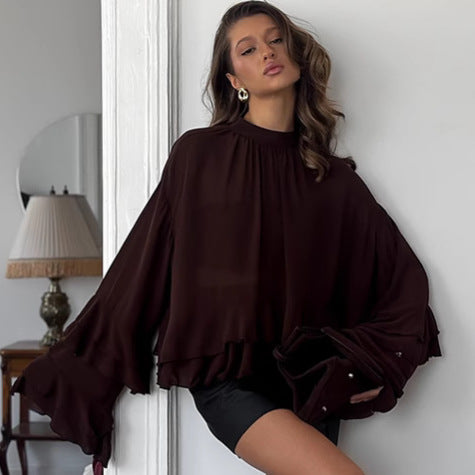 Women's Brown Chiffon Ruffle Bell Sleeve Blouse