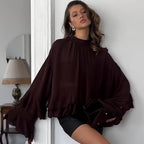 Women's Brown Chiffon Ruffle Bell Sleeve Blouse
