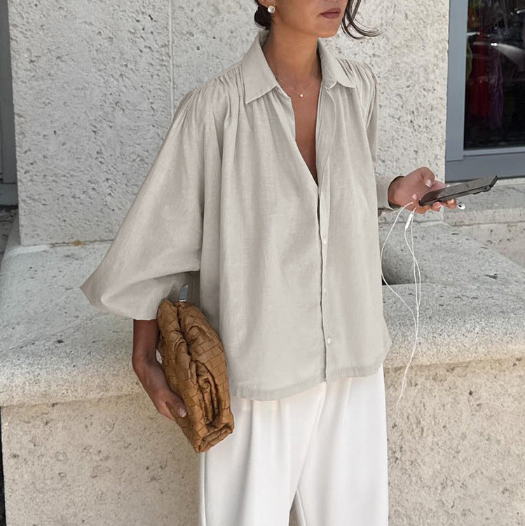 Simple Loose Fitting Shirt Polo Collar Long