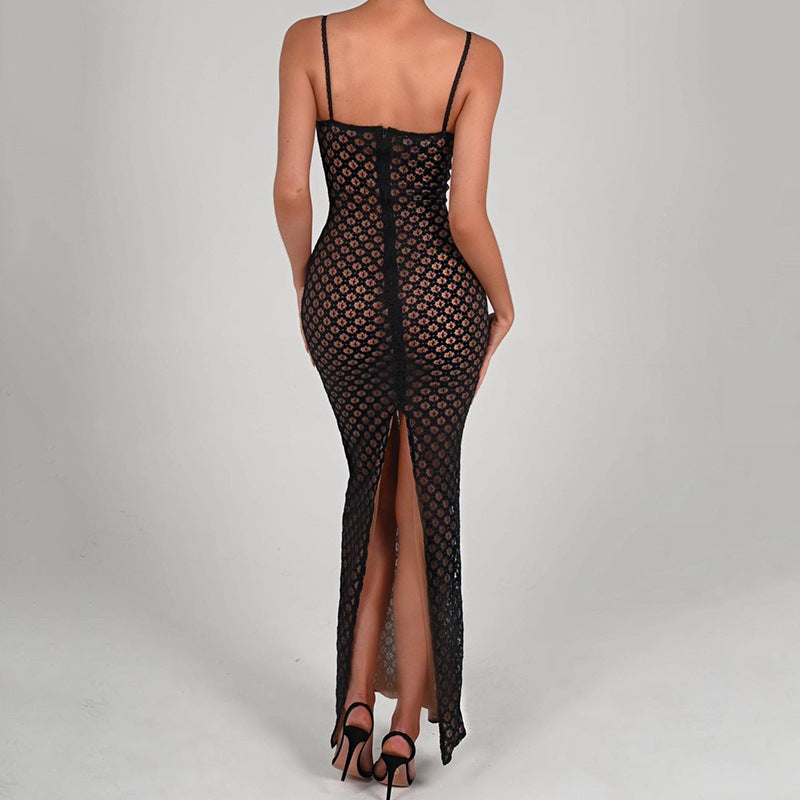 Women's Autumn Sexy Suspender Tight Dress Lace Backless Split Polka Dot Dress