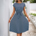 Women's Dress Lace Up Flying Sleeves Printed Round Neck Dress