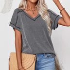 Women's Two Color Twisted Mid Elastic Short Sleeve V Neck T-Shirt