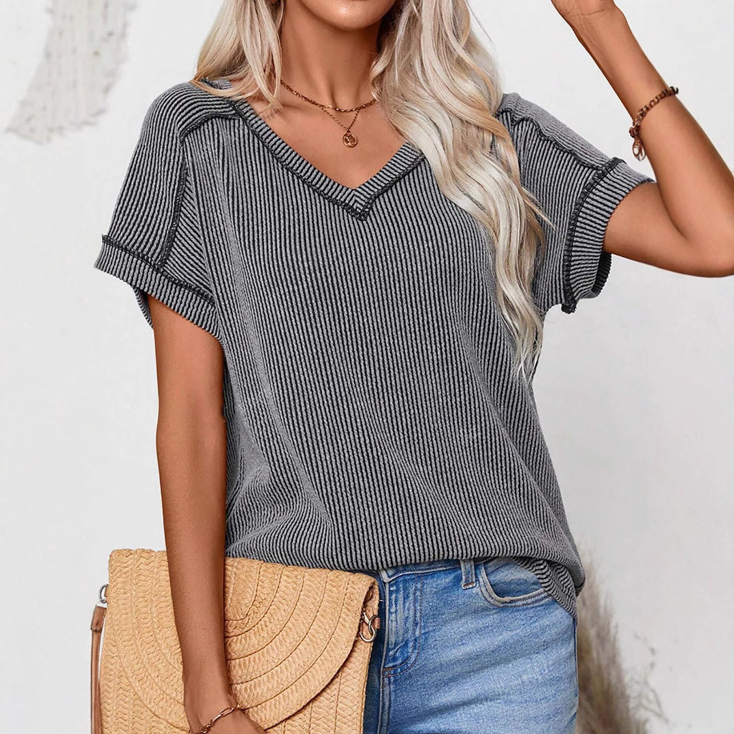 Women's Two Color Twisted Mid Elastic Short Sleeve V Neck T-Shirt