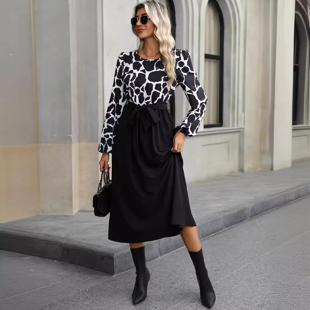 Contrast Waist Long Sleeve Midi Dress