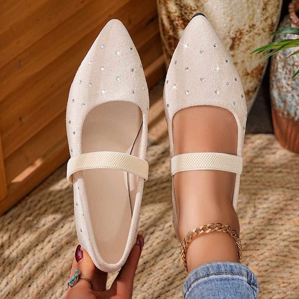Rhinestone Pointed Toe Flat Low Heel Mary Jane Shoes Women Korean Low Cut Suede Four Seasons Boat Shoes