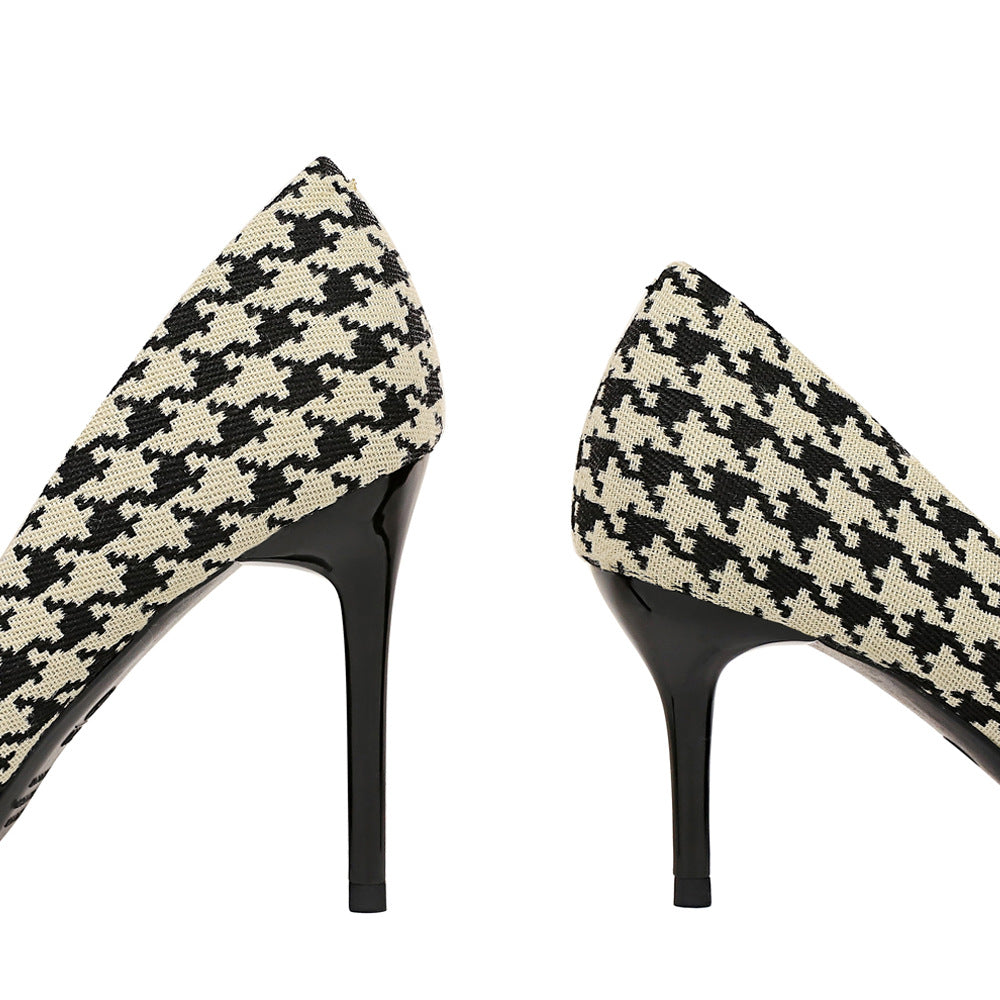 Women's Houndstooth High Heels Stiletto Heel Shallow Mouth Pointed Pearl Chain