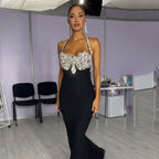 Women's Beaded Halter Backless Party Dress