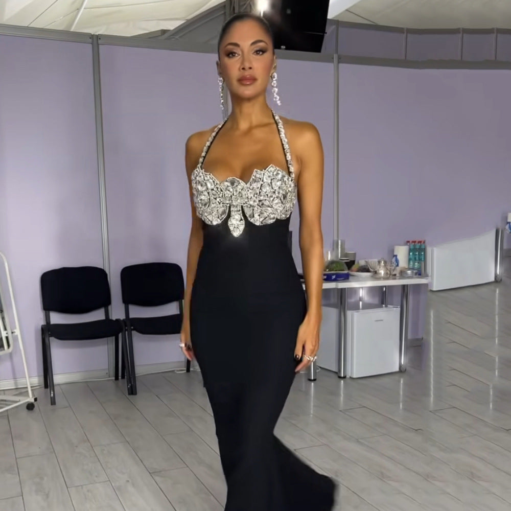 Women's Beaded Halter Backless Party Dress