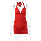 Summer Deep V-neck Halter Lace-up Backless Pleated Dress