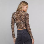 Leopard Mesh Stand Collar Long Sleeve Top