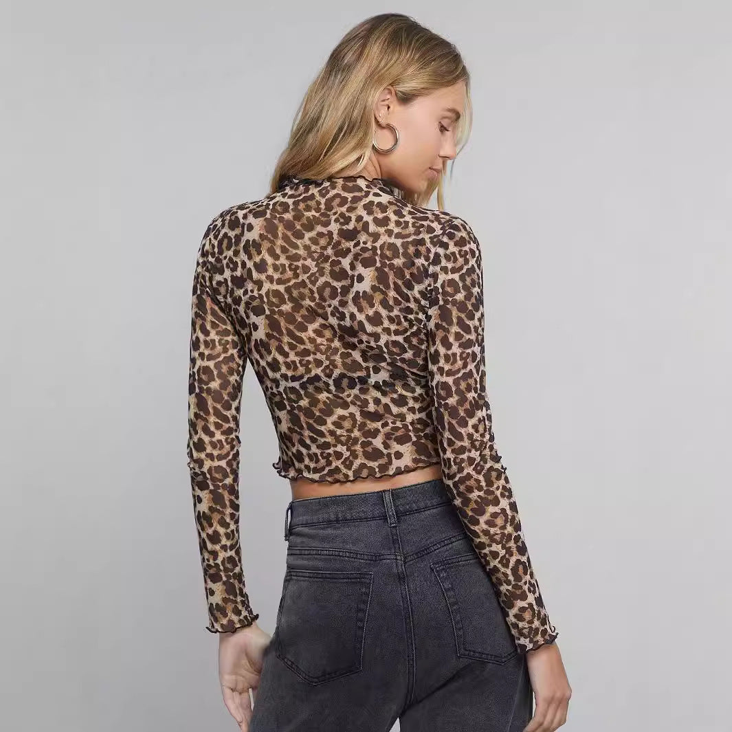 Leopard Mesh Stand Collar Long Sleeve Top