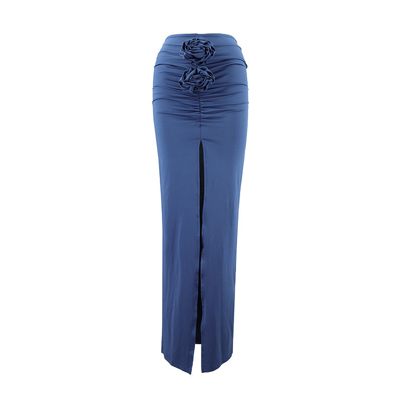 Solid Color Slim Fit Three Dimensional Floral Split Drape Flab Hiding Skirt