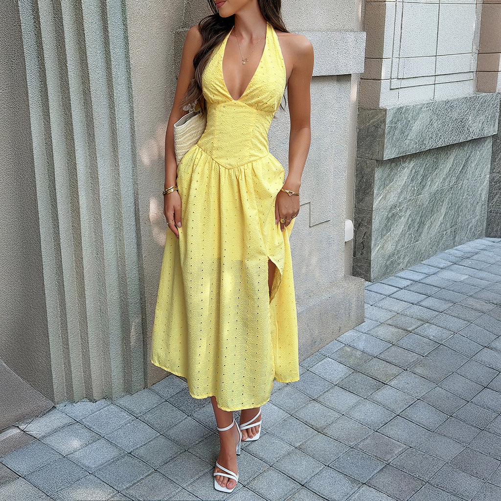 Halter Ruched Slit A-Line Maxi Dress
