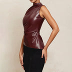 Faux Leather Cascading Collar Sleeveless Top