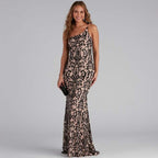 Women's Elegant Sequ Sexy Diagonal Collar Dress Cocktail Evening Maxi Dress
