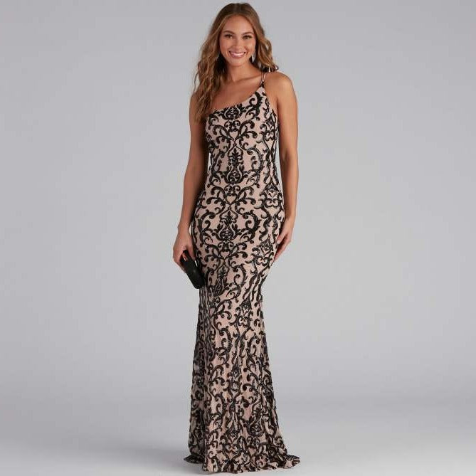 Women's Elegant Sequ Sexy Diagonal Collar Dress Cocktail Evening Maxi Dress