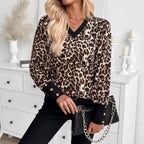 Women's Clothing Spring Summer Casual Leopard Print V Neck Long Sleeve T Shirt