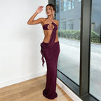 Burgundy halter maxi dress with draped side wrap and layered bead straps