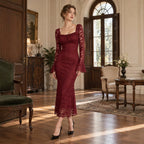 Women's Autumn Elegant Mesh Square Collar Lace Dress