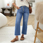 Breasted Raw Hem Jeans HW Cropped Pants Slimming Commuting
