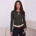 U Neck Lace up T shirt for Women Autumn Lace Long Sleeved Top Bottoming Shirt for Women