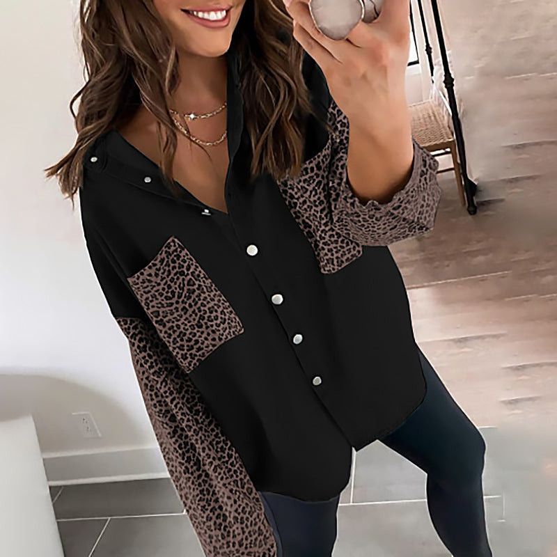 Women's Sleeve Pocket Leopard Print Printing Collared Cardigan Top