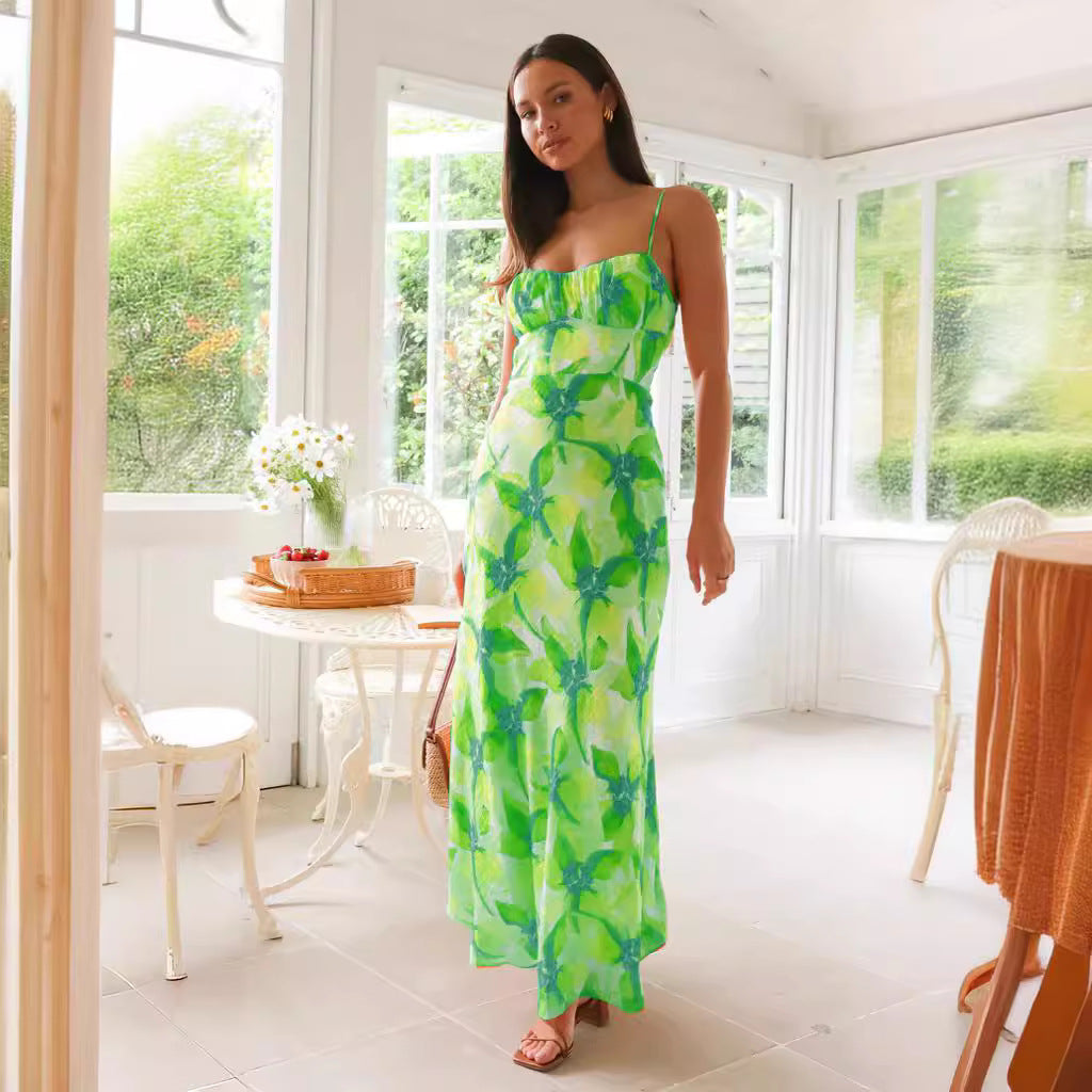 Women's Floral Print Backless Mid Length Dress