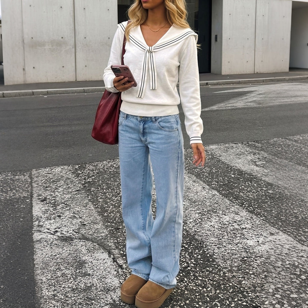 Autumn Winter Sweet College Long Sleeve Striped Loose V