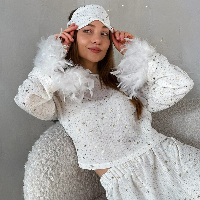 Autumn Pure Cotton Comfortable Suitable for Daily Wear Women Long Sleeve Shorts Feather Sleeve Home Wear