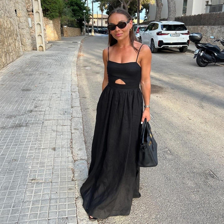 Women's Black High-Waist French Vacation Maxi Dress