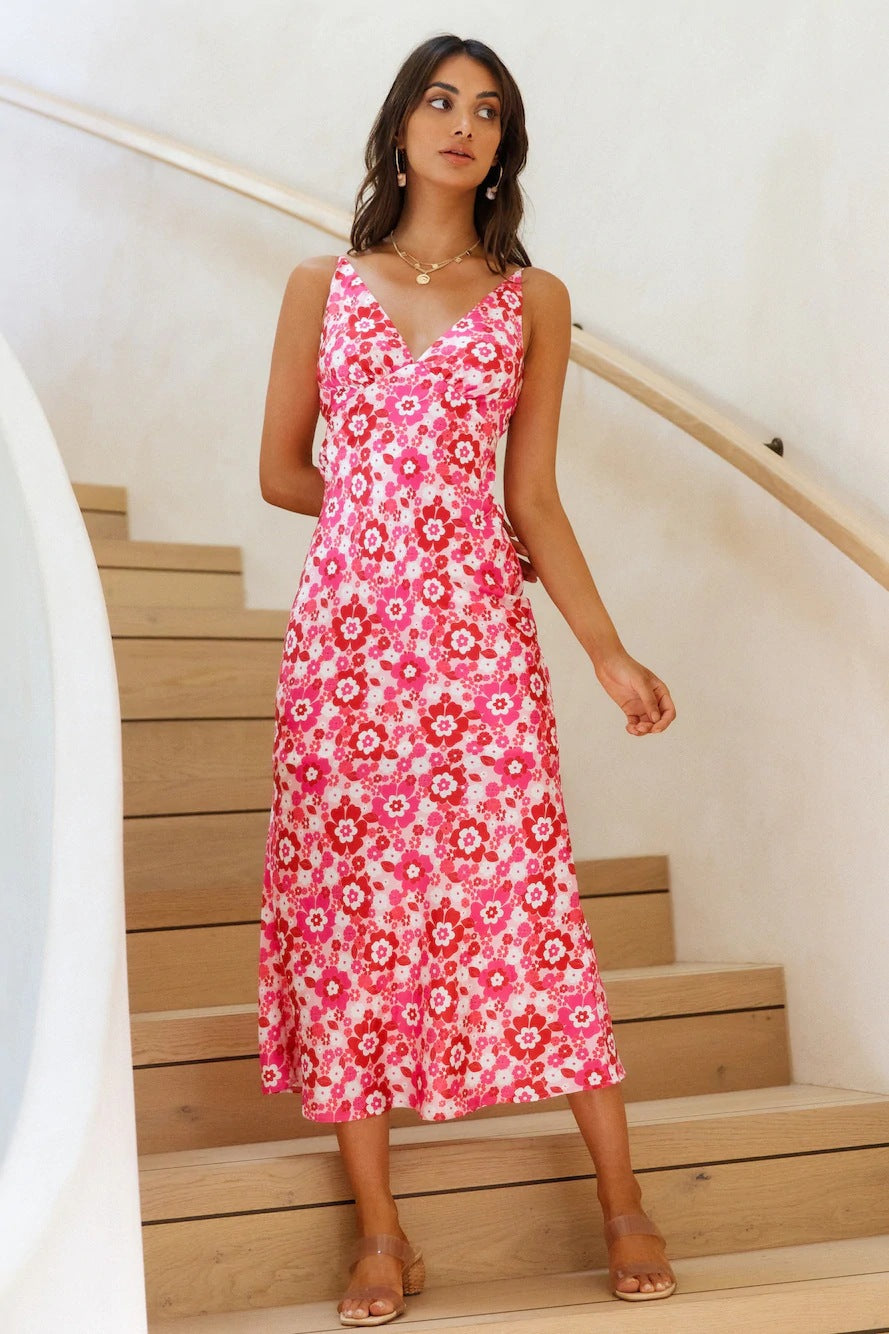 Women's Summer Sexy Backless Spaghetti Straps V-Neck Sleeveless Printed Slim Dress