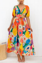 V-Neck French Printed Puff-Sleeve Dress